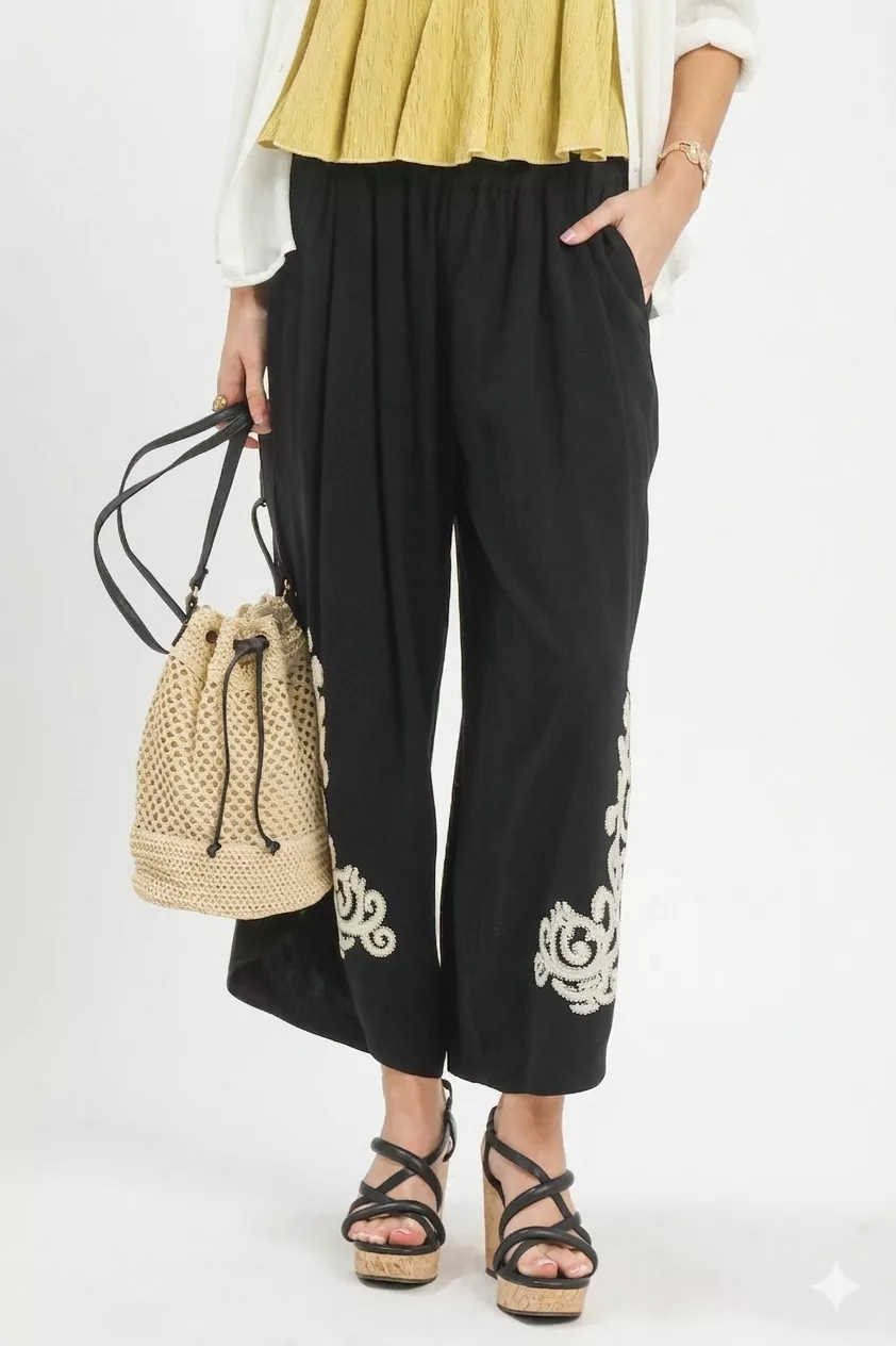 Linen Embroidered Wide-Leg Boho Pants