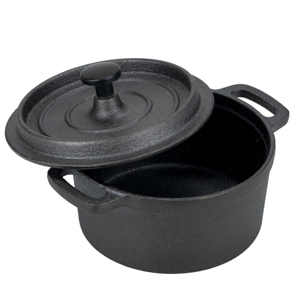 Mini cocotte en fonte avec support bambou L13X11X8 cm noir