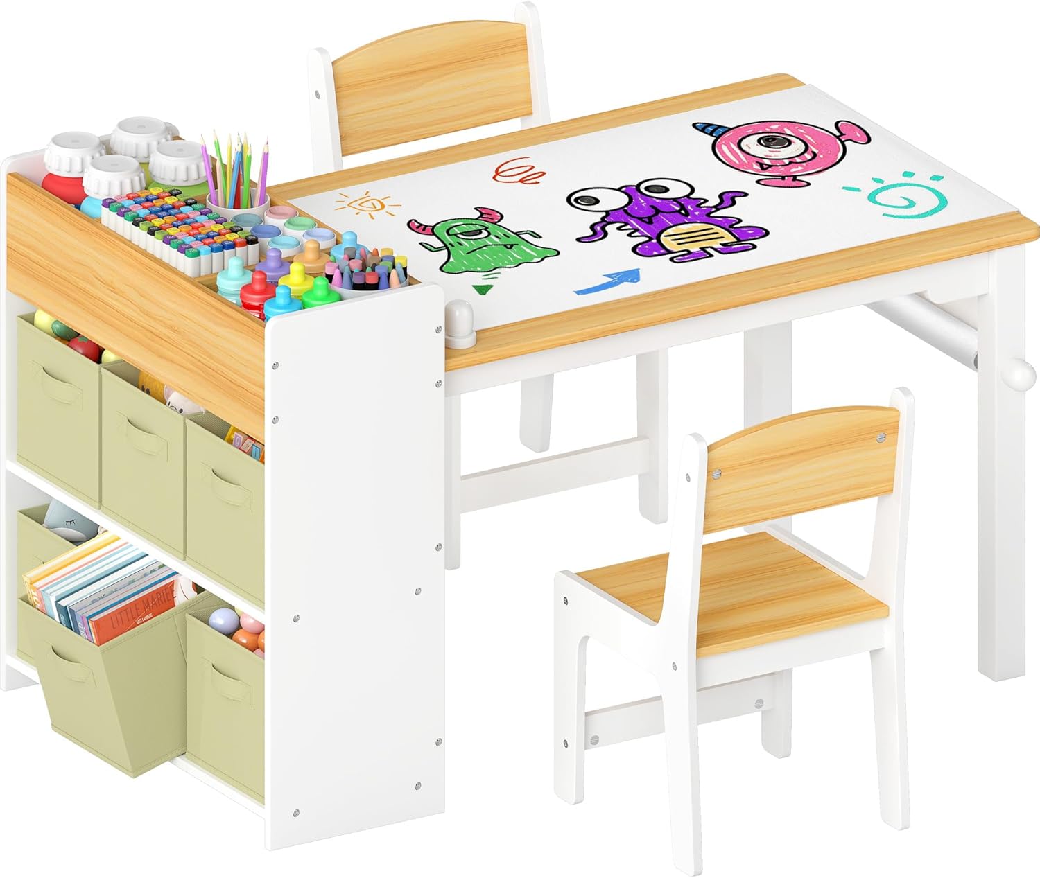 GITAWUSA Kids Art Table and Chairs, Wooden Kids Craft Table and Chairs with Storage Bins and Paper Roll, Toddler Activity Play Desk for Drawing/Learning/Read, Toddler Table and Chair Set for Boy/Girl