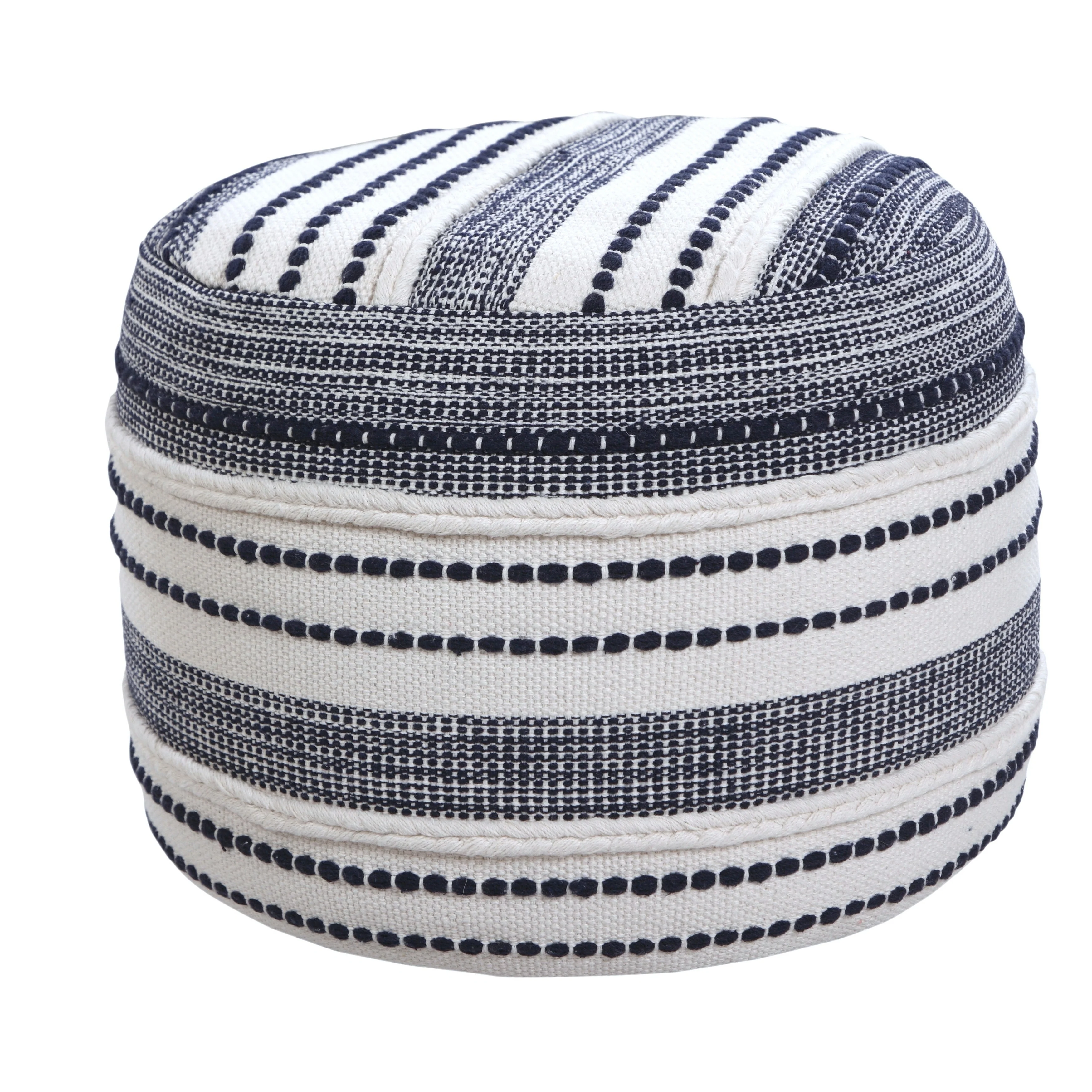 Sevita Navy and Ivory Seaside Striped Textured Pouf Ottoman