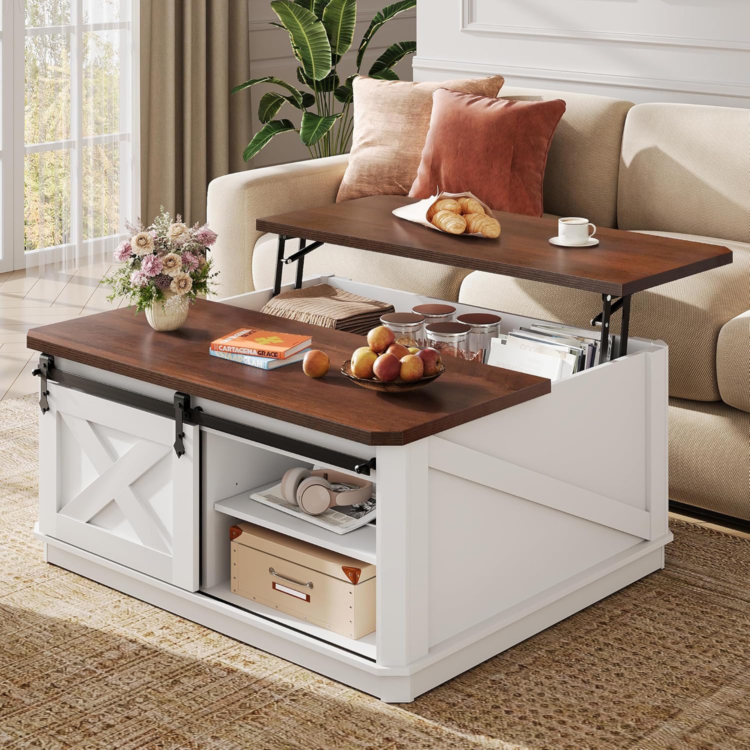 WLIVE Framhouse Coffee Table with Storage, 35.5 Lift Top Coffee Table for Living Room, Square Center Table, Rustic Cocktail Table with Sliding Barn Doors, Curevd Base, White