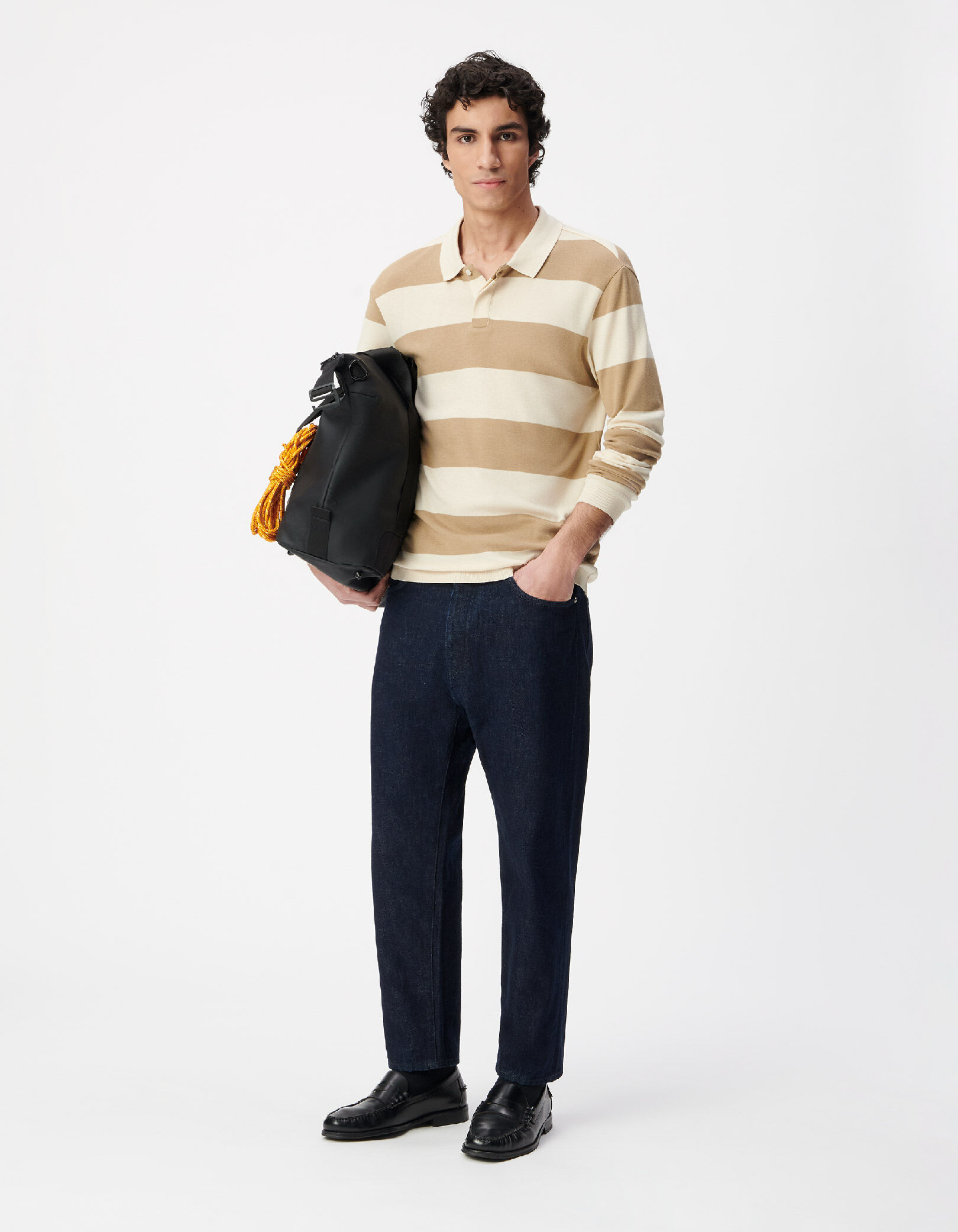 Polo manches longues beige larges rayures Homme