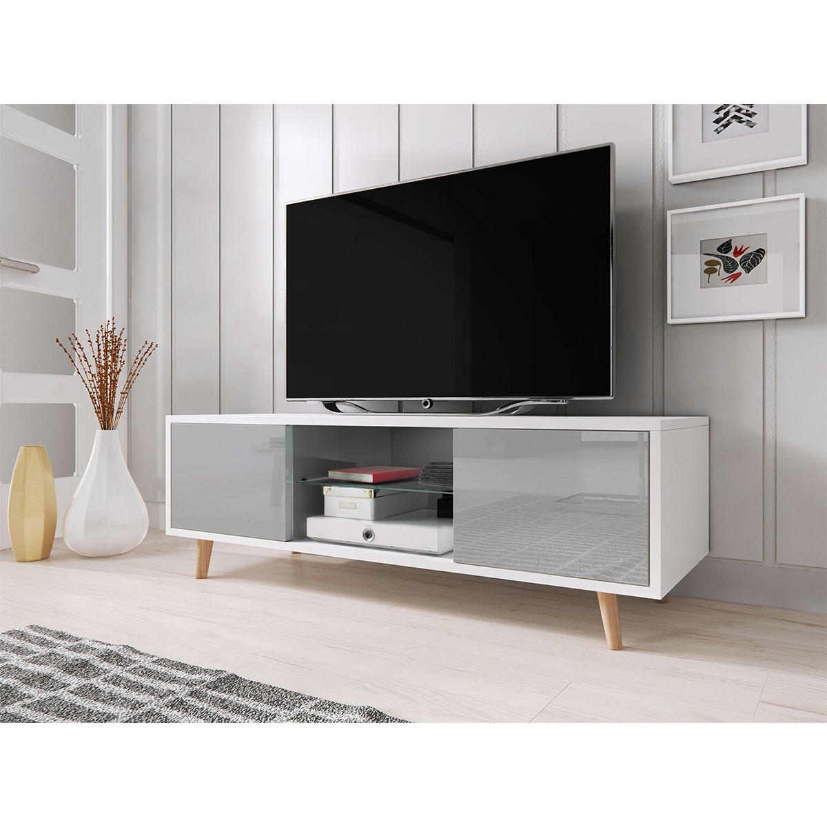 - Meuble tv 2 portes 140 cm blanc et gris