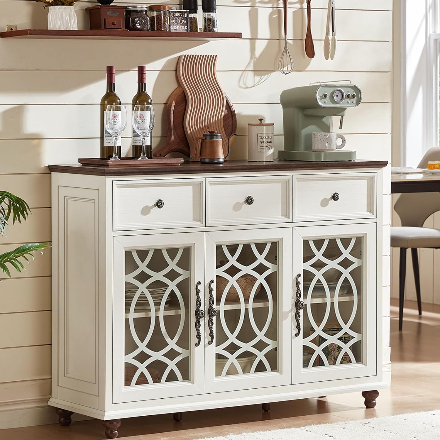 Farmhouse Sideboard Buffet Cabinet with Storage,48 Large Credenza with 3 Glass Doors & 3 Drawers,Adjustable Shelves Console Table,Wood Kitchen Coffee Bar for Dining Room,Living Room,White