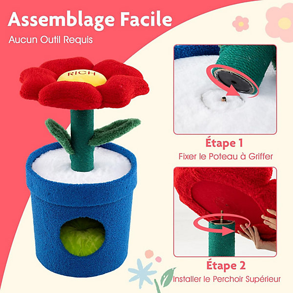 Arbre à Chat d'Intérieur, avec Perchoir Rembourré en Forme de Fleur, Griffoir, Niche avec Coussin, Feuilles Pliables (Rouge)