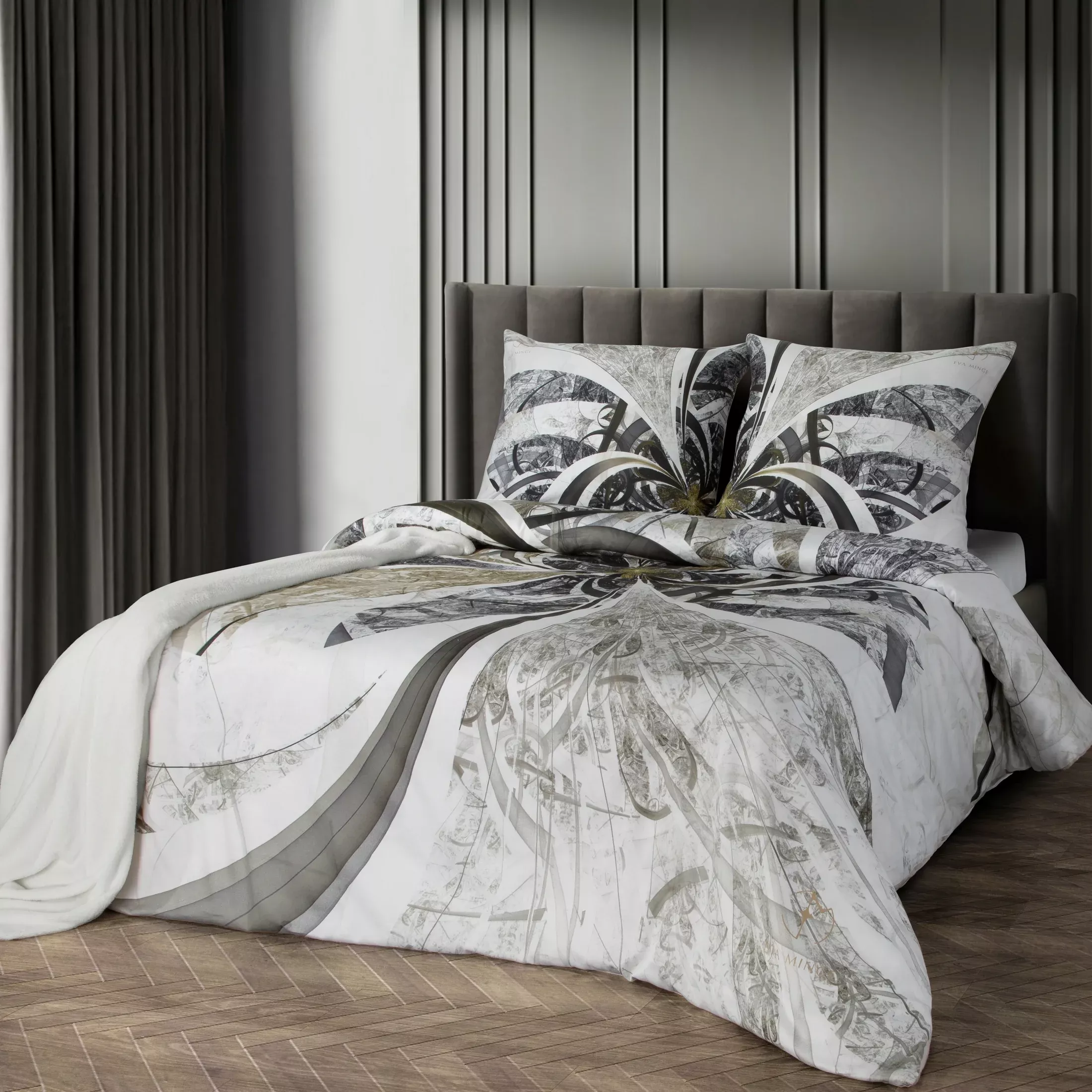 Pościel bawełniana z makosatyny 220x200 cm komplet 3 częściowy kolor jasnokremowy, brązowy z designerskim wzorem STELIA Eva Minge