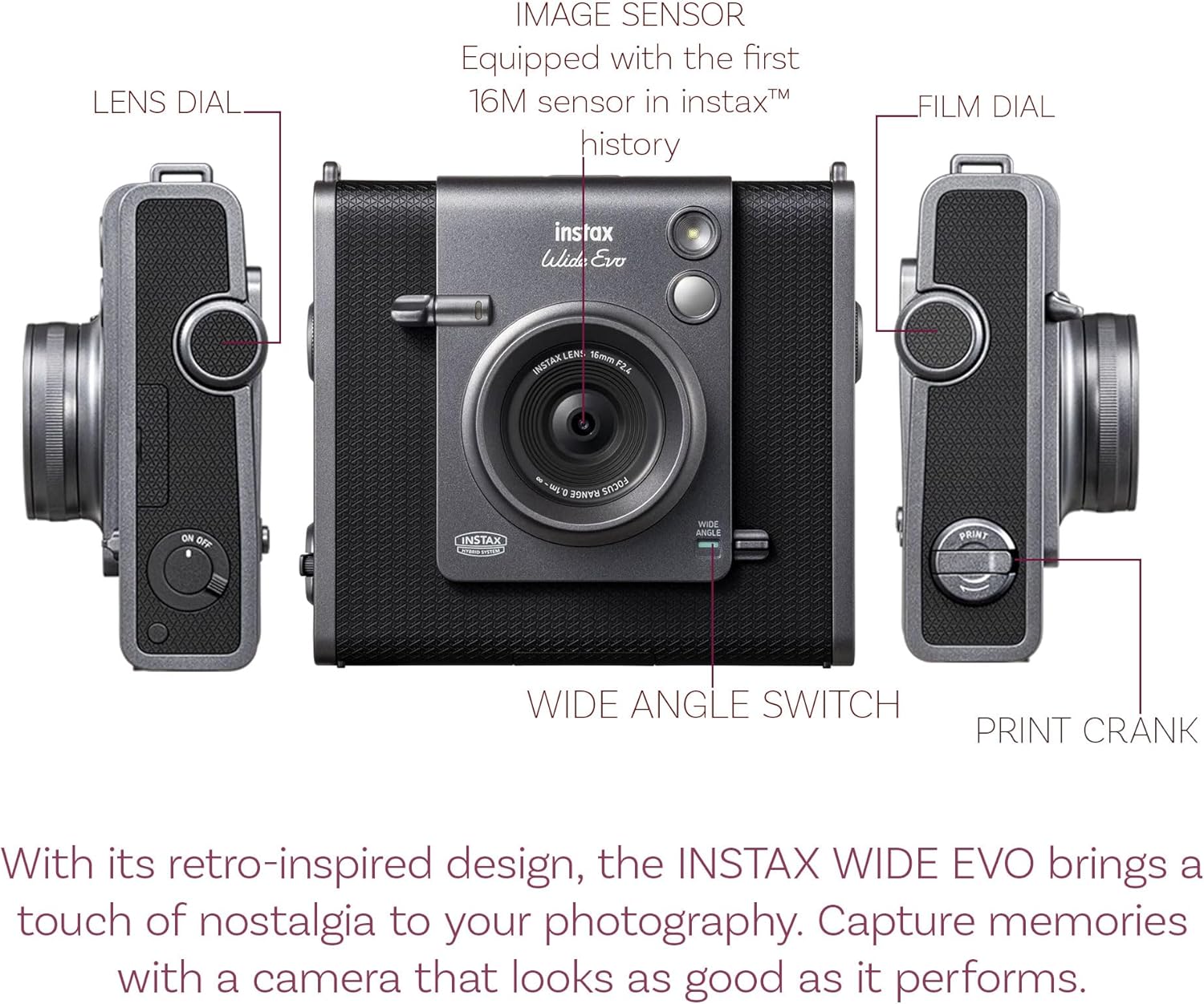Fujifilm Instax Wide Evo Hybrid Instant Film Camera Bundle with Compatible Carrying Case + 32GB Memory Card + Cleaning Cloth + More