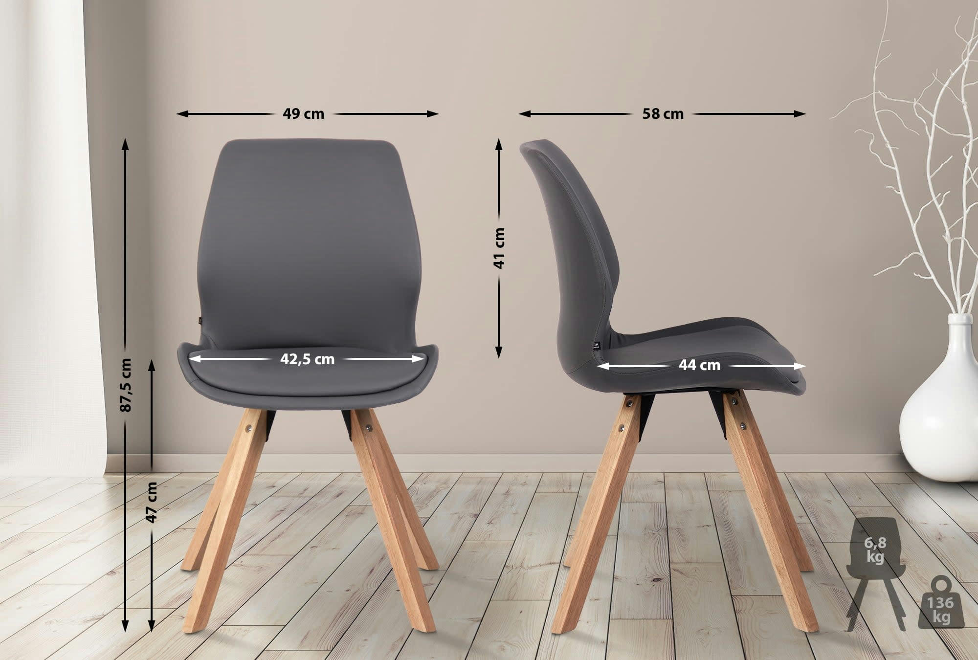 LUNA - Lot 2 chaises avec pieds en bois assise en similicuir Gris