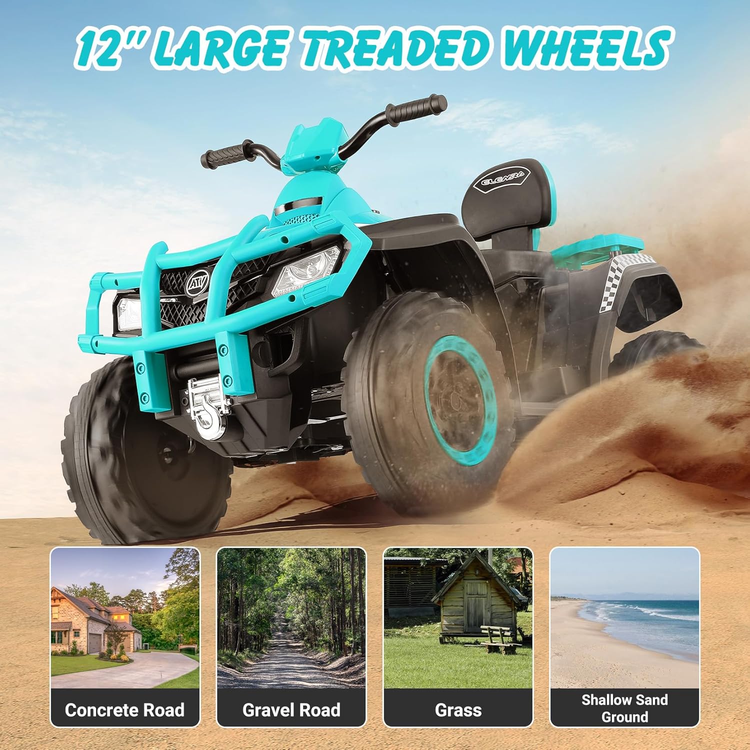 ELEMARA 24V 2 Seater Ride on ATV for Big Kids, Kids 4 Wheeler Battery Operated Toy, 5mph Max Speed,Electric Vvehicle,LED Headlights,Music,ATV for Kid Electric Quad for Boys & Girls, Light Green