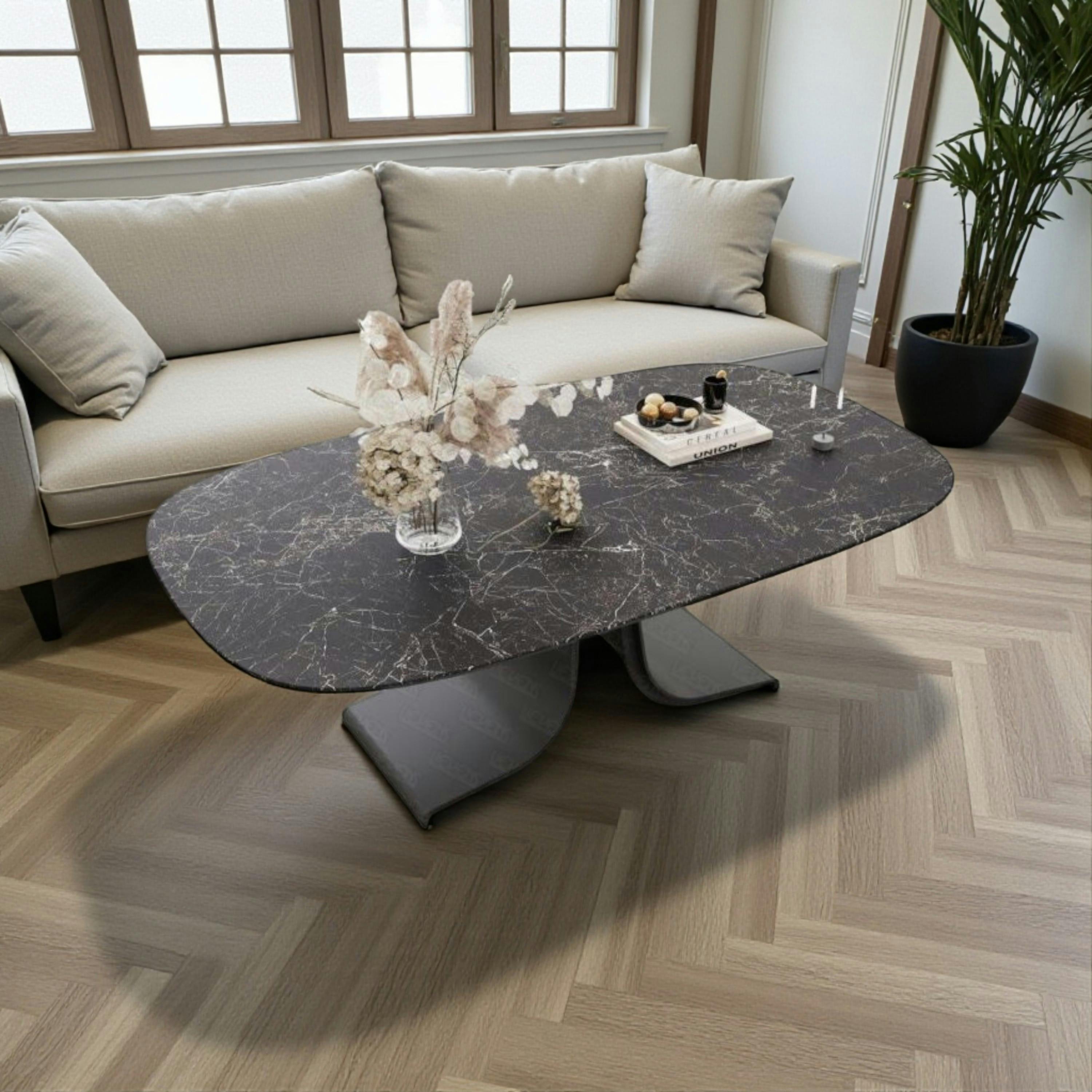Table basse céramique grise marbrée pied ouvert LIGURIE