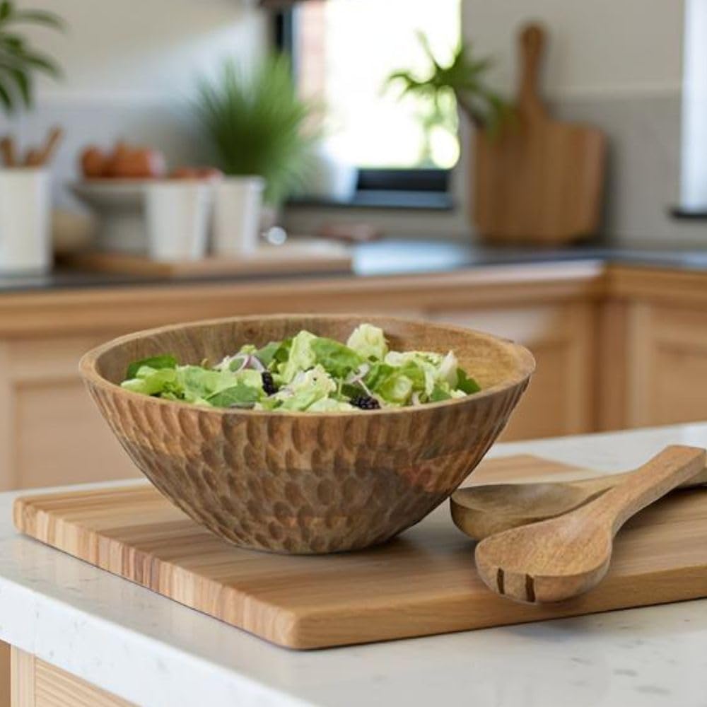 Salad Bowl with Servers, Wooden Bowl, 12.5 Wide
