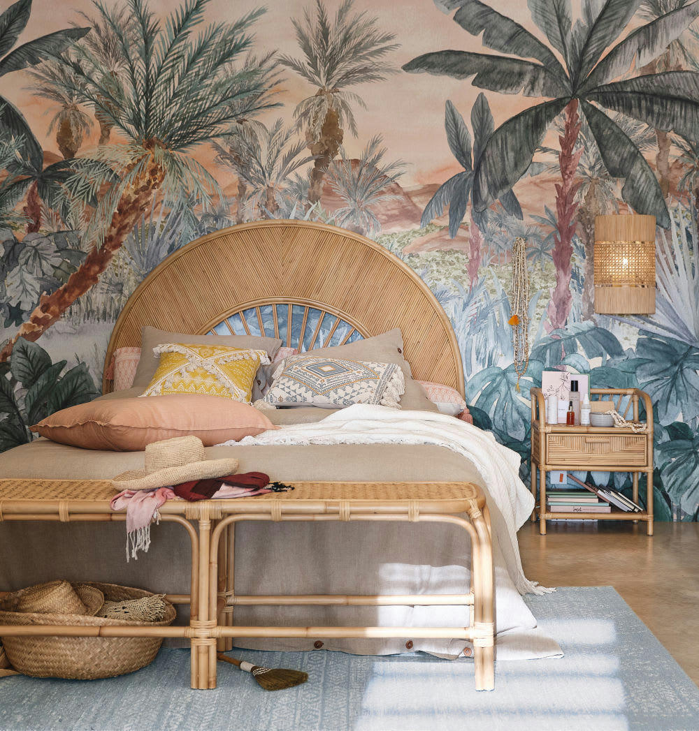 TANGER - Papier peint panoramique intissé imprimé jungle verte, rose et marron 300x384