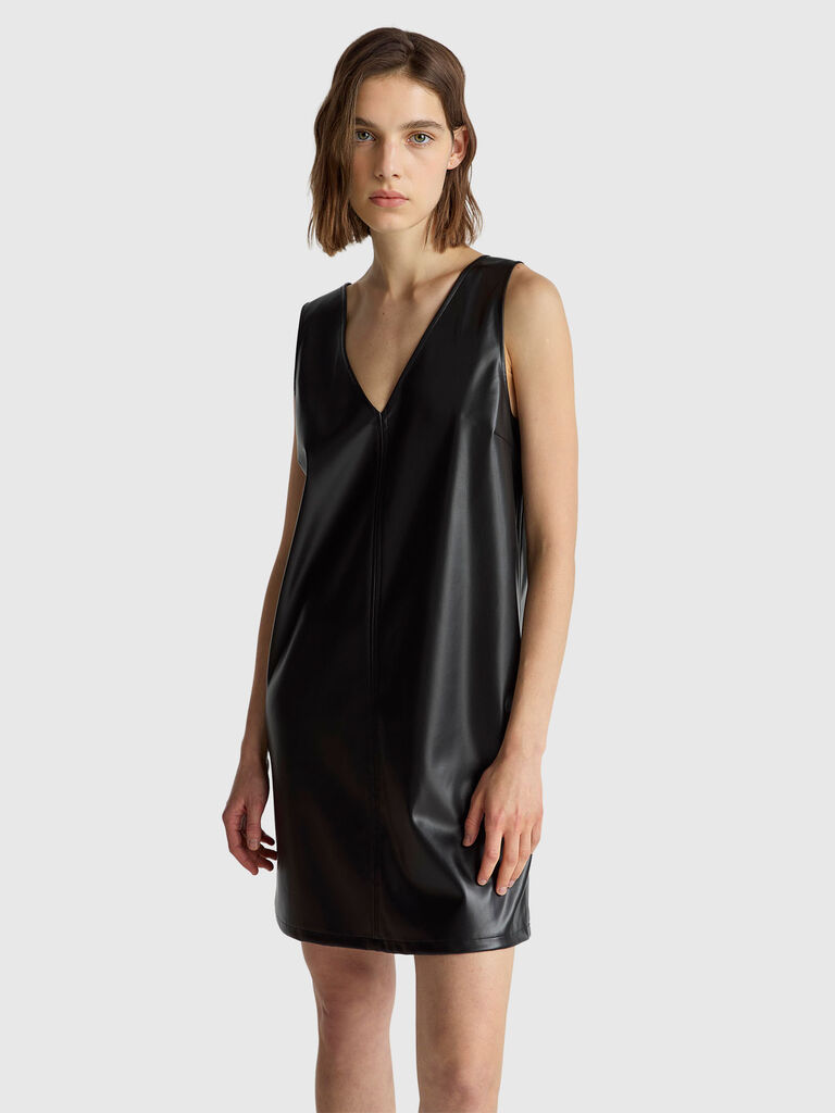 V-neck dress in imitation leather