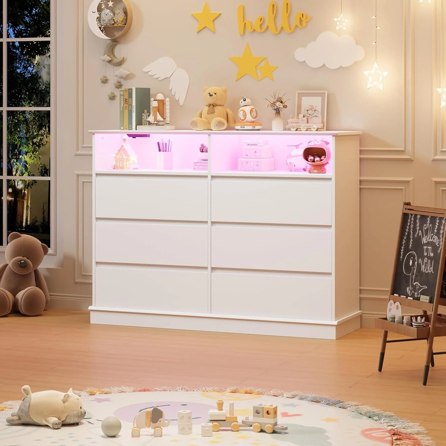 Dresser for Bedroom with 6 Drawers, Modern Chest Featuring LED Lights and Charging Station