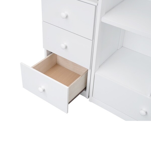 Multifunctional Wood Twin Size Loft Bed with L-Shaped Desk and Storage Staircase, Loft Bed Frame with Cabinet and Drawers