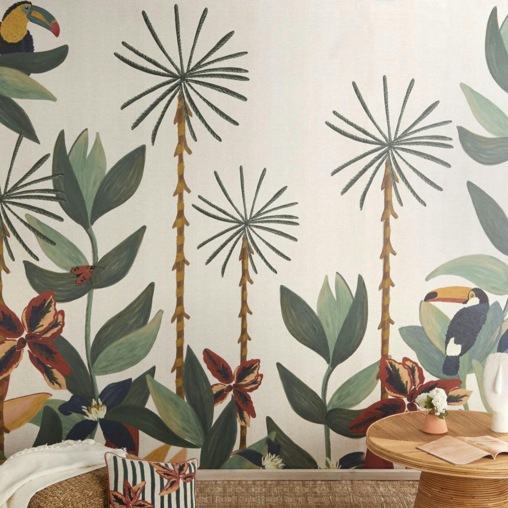 JULIA - Papier peint panoramique intissé imprimé jungle beige, bleu vert et rouge 336x300