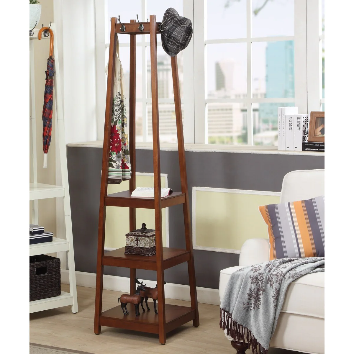Coat Rack w/ 3-Tier Storage Shelves,17.5'' x 17.5'' x 72''H