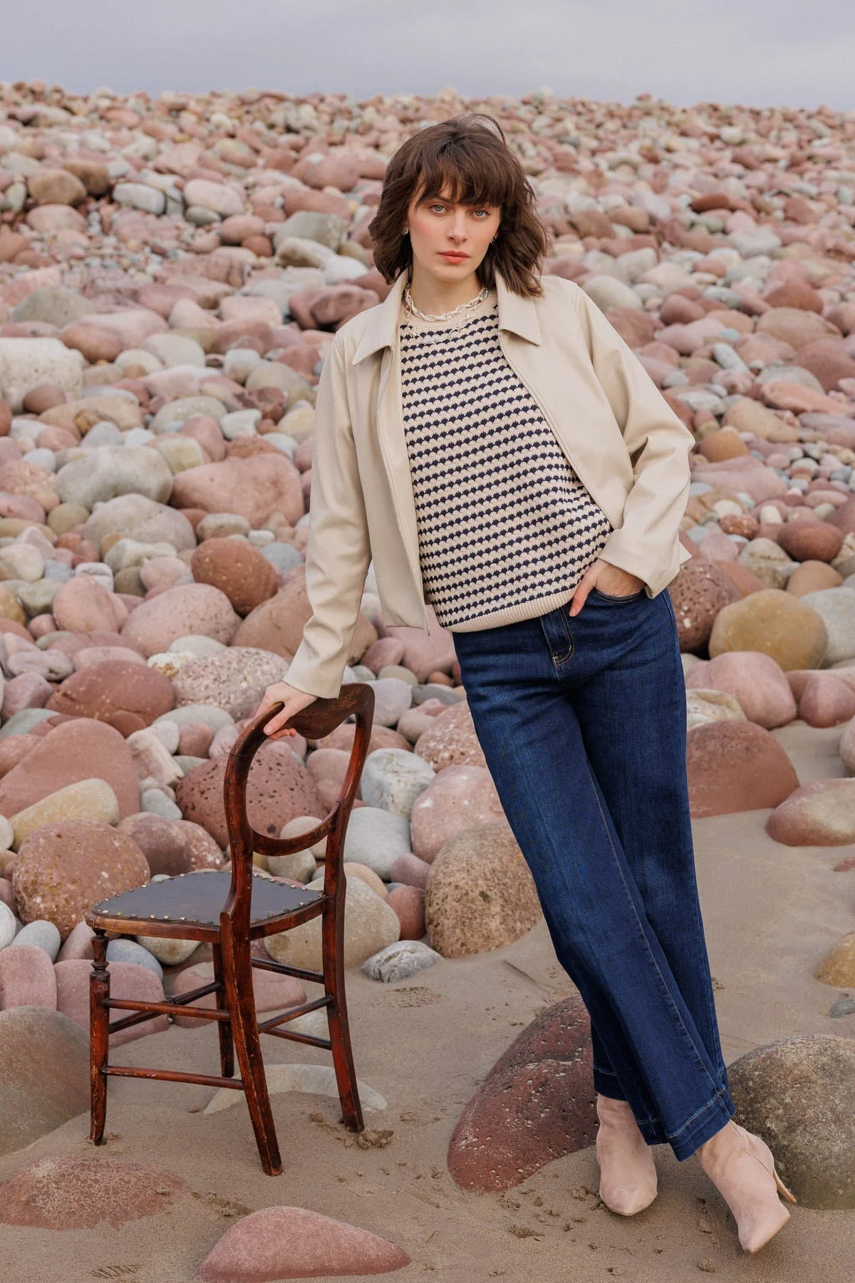 Beige and Navy Knit Vest