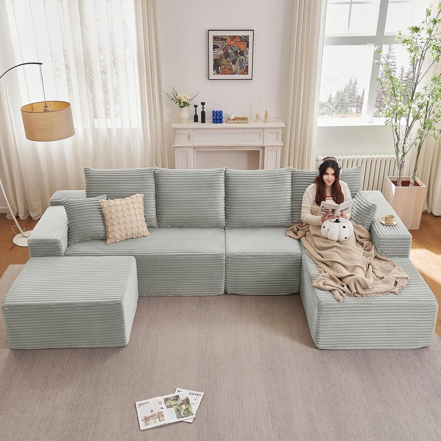 135.4 Modular Sectional Sofa with Ottoman, Modern Corduroy Cloud Couch with Deep Seat, Boneless Couch Upholstered 4-Seater U-Shaped Sofa for Living Room, No Assembly (Grey, Right-Facing Chaise)