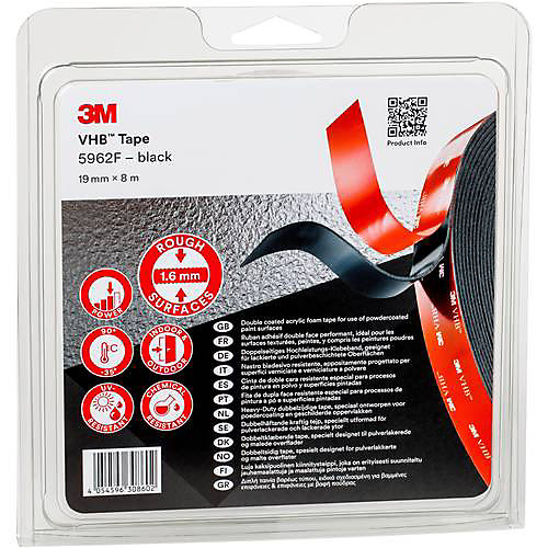 3M 5962F Ruban adhésif double-face noir 19 mm x 8 m - 1,6 mm, 1 pc