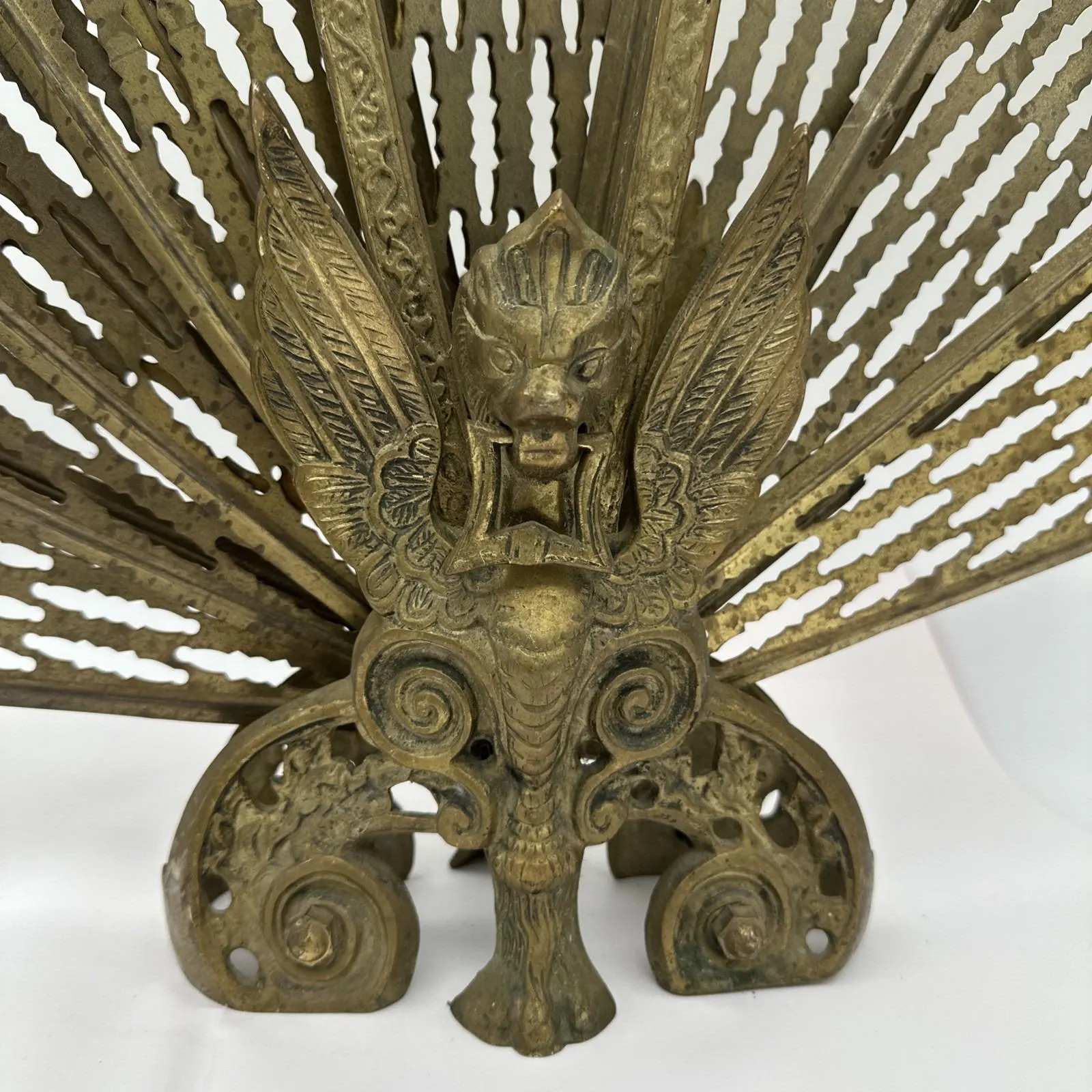 Vintage Brass Peacock Fireplace Screen Retractable w/ Griffin Gargoyle EUC 36
