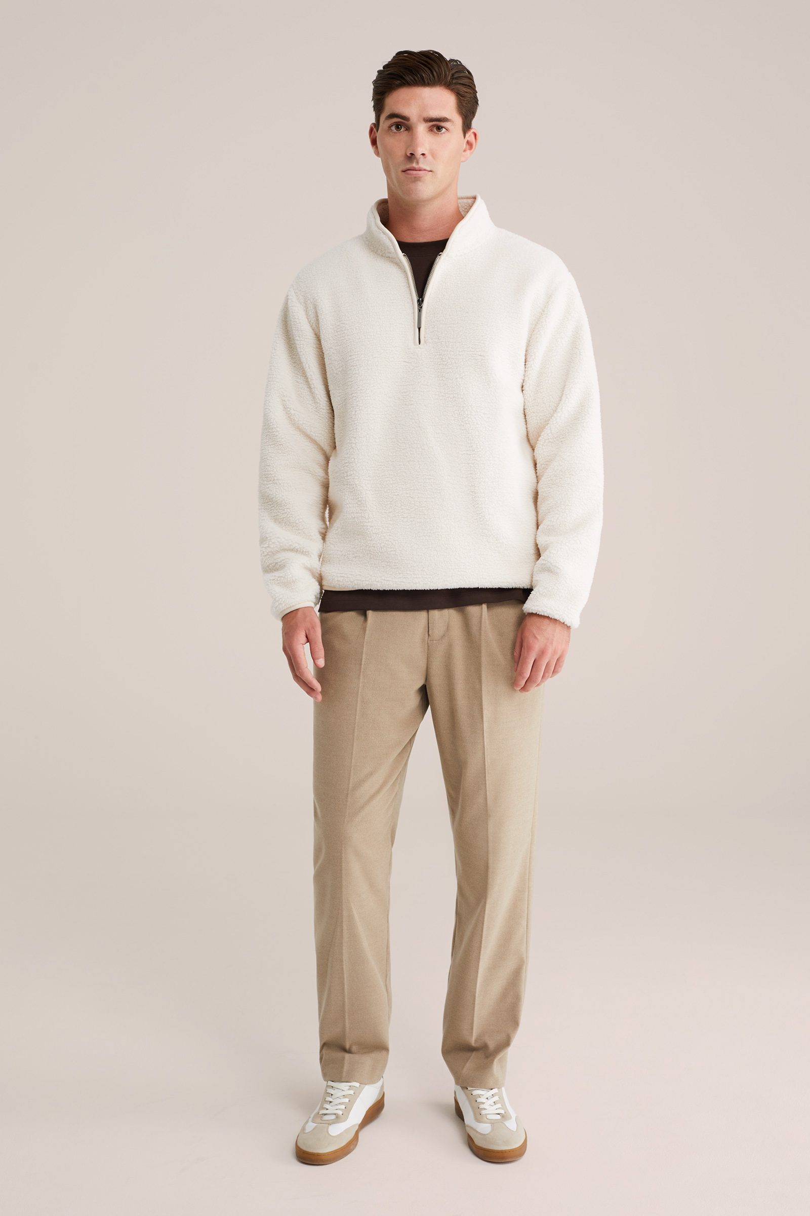 Heren regular fit teddy trui met quarter-zip