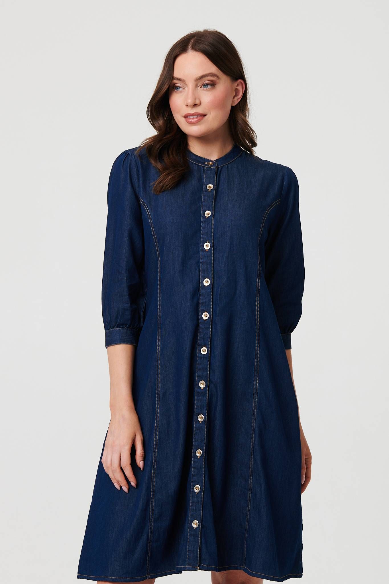 Izabel London Collarless Knee Length Shirt Dress
