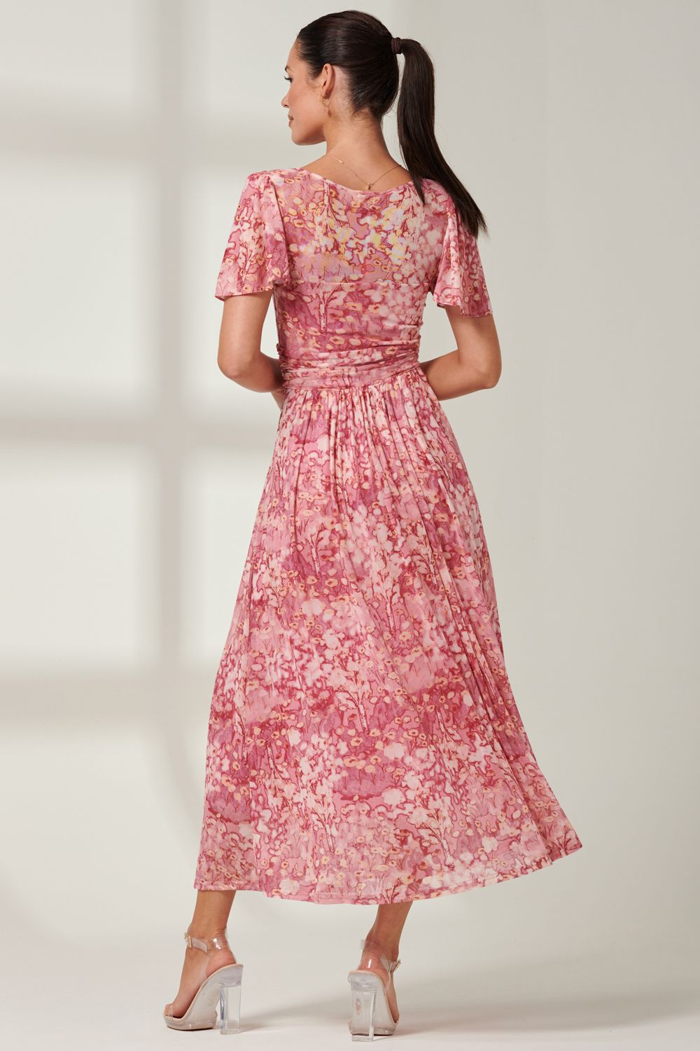 Jolie Moi Bianca V-Neck Pleated Mesh Maxi Dress