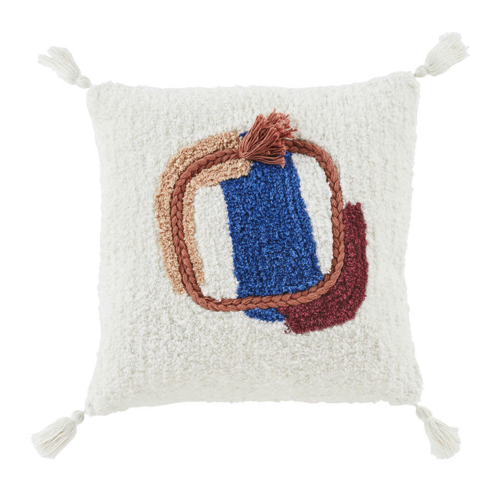 AZERZOU - Coussin en coton tufté blanc, bleu et violet aubergine 45x45