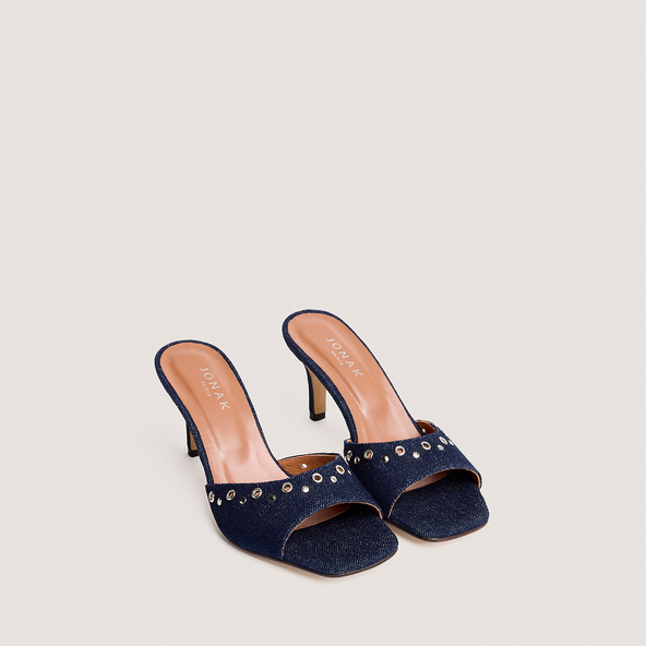 Mules à talons hauts et rivetsen jeans bleu foncé | VIVE