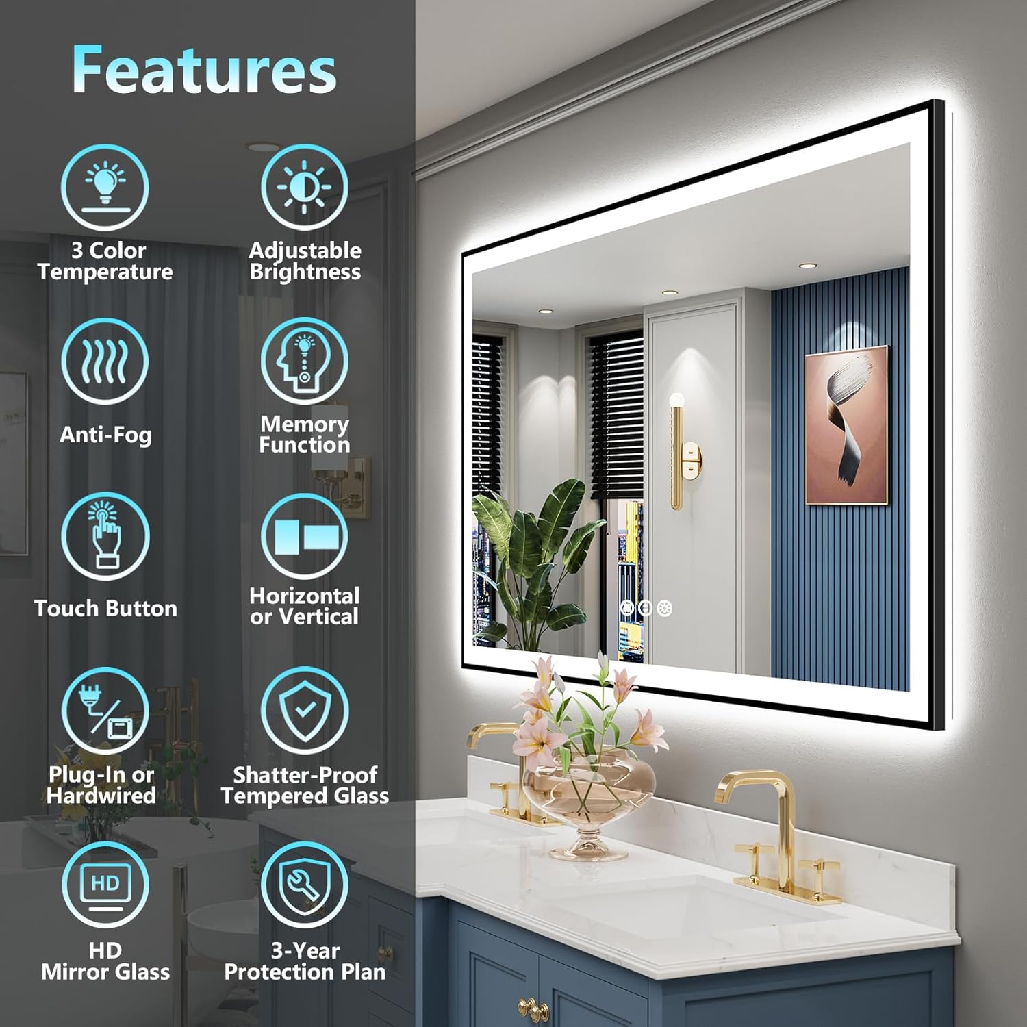 66x36 Black Framed LED Bathroom Mirror with Lights, Backlit and Front Lit Anti-Fog Lighted Vanity Mirrors for Bathroom Wall, Dimmable, 3 Colors, Memory, HD Tempered Glass, Horizontal/Vertical
