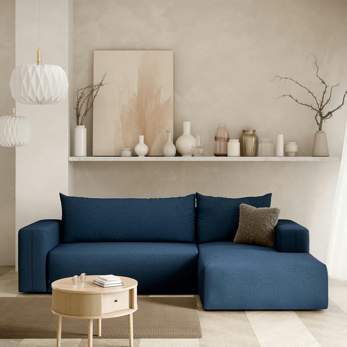 - Canapé d'angle convertible droite 3 places coffre bleu marine