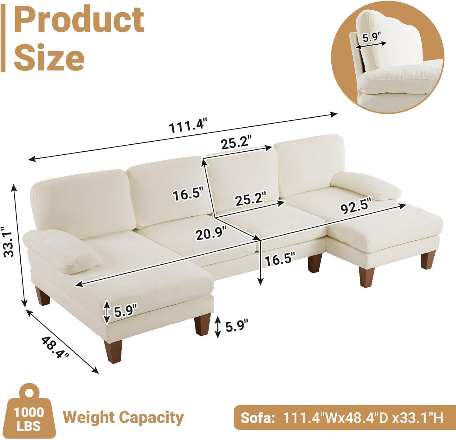 VINGLI 110 Sectional Couches for Living Room,U Shaped Couch with Double Chaise, 4-Seat Sofa Set with Chenille Fabric for Home Furniture,Beige