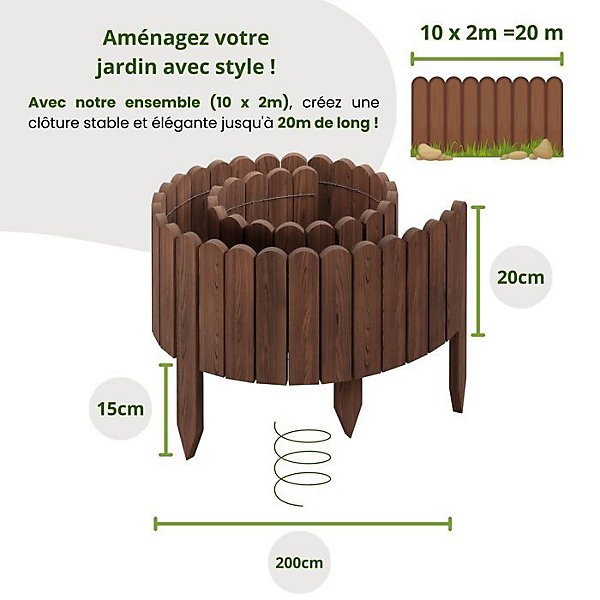Clôture en bois flexible - Floranica - 20 m - Marron - 2 m x 20 cm - 10 pièces
