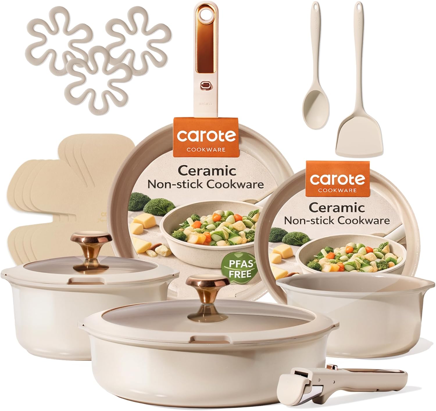 CAROTE 18Pcs Ceramic Cookware Set with Detachable Handle, Pots and Pans Set Non Stick, Non Toxic Cookware Set Removable Handles, Induction Kitchen Cookware Sets, Dishwasher/Oven Safe