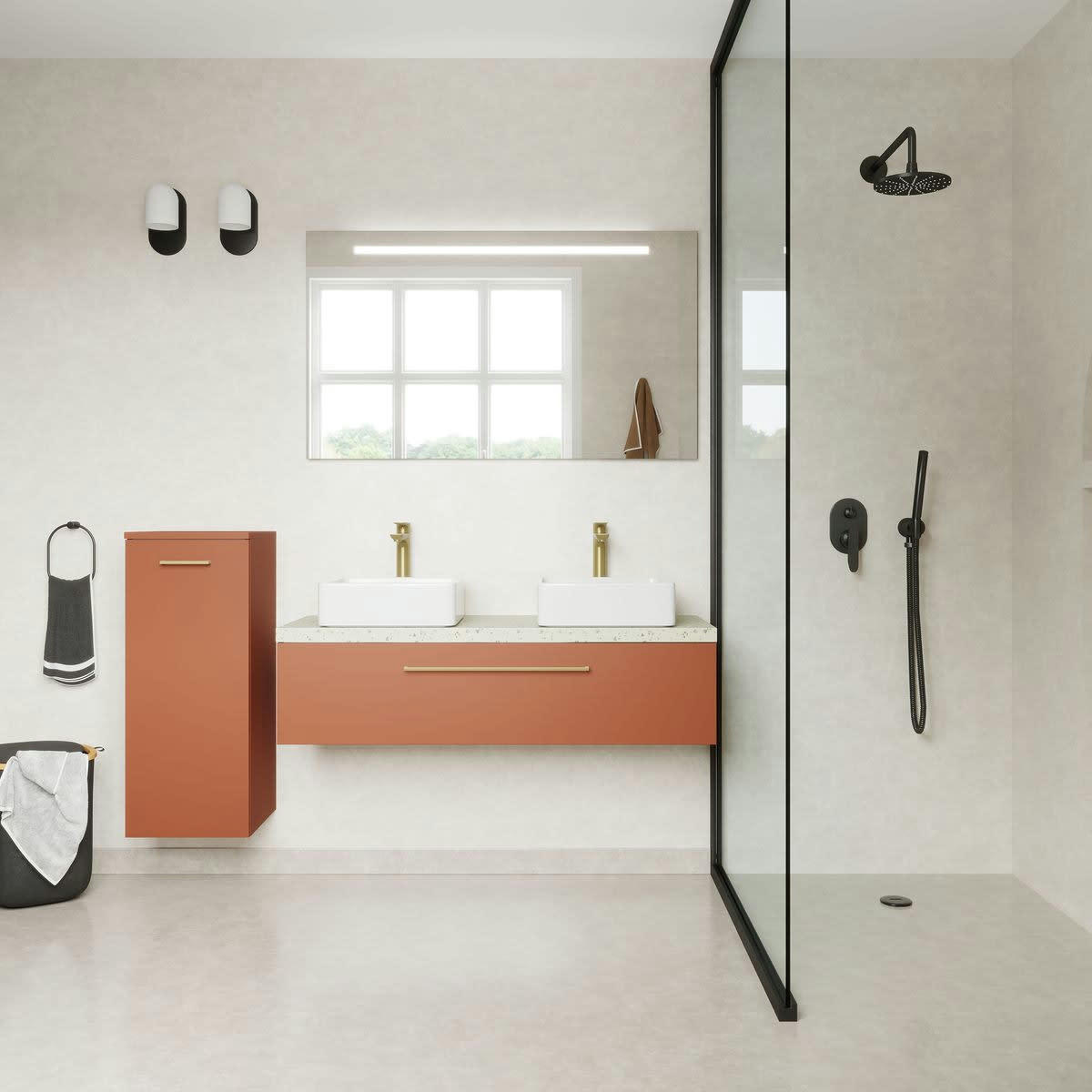 GLASGOW - Meuble salle de bain 2 vasques posées 120cm 1 tiroir Terracotta