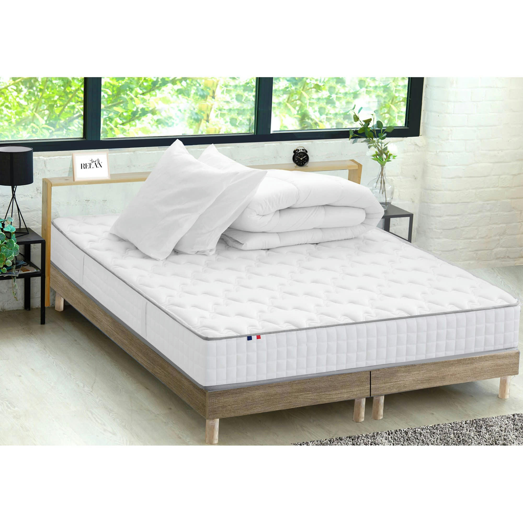 PACK COSMOS - Ensemble Matelas Ressort + Sommier Kit + couette + Oreiller 180x200