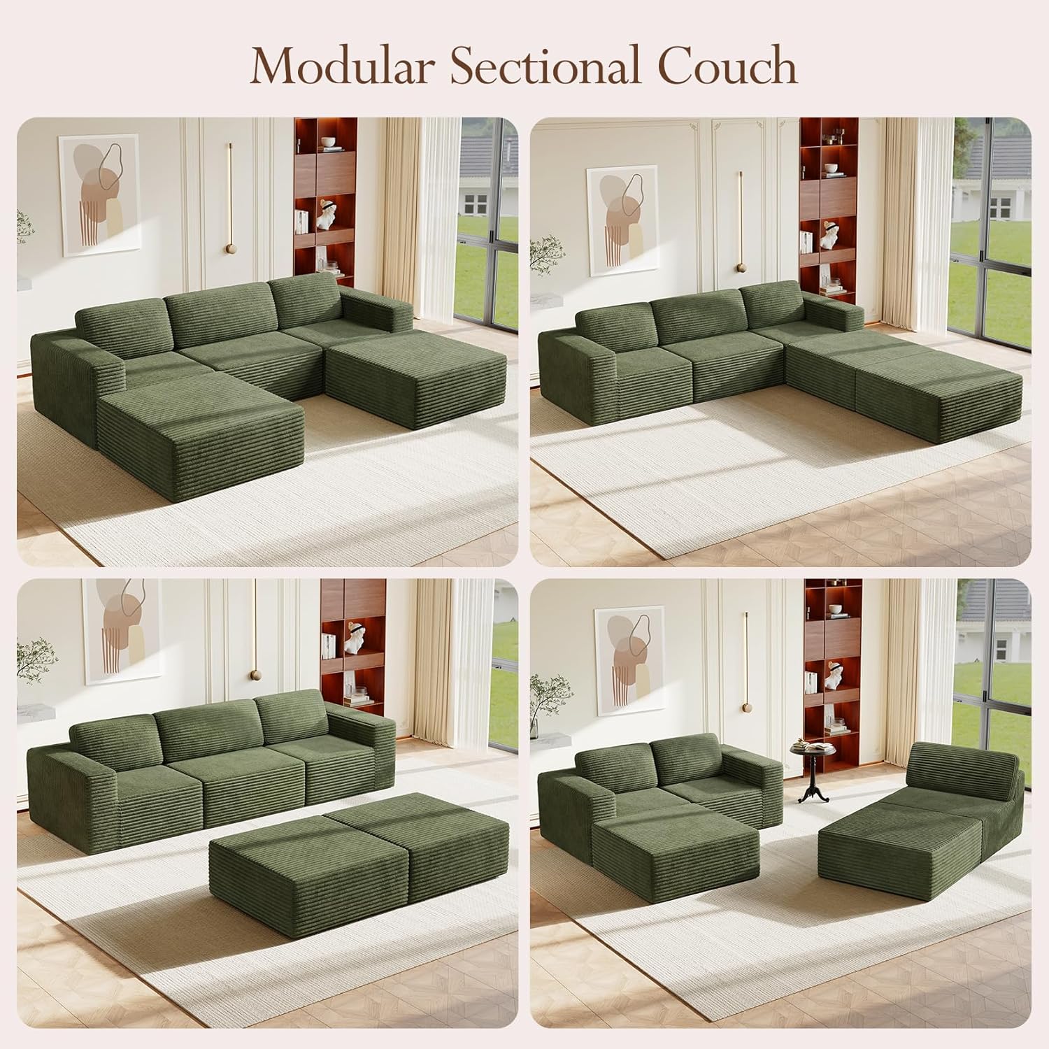 Vesgantti 119 Oversized U-Shaped Modular Sectional Sofa, Corduroy Cloud Couch with Deep Seating & Spring Support, Convertible Sofa with 2 Ottomans, Boneless Couch, No Assembly Required, Green