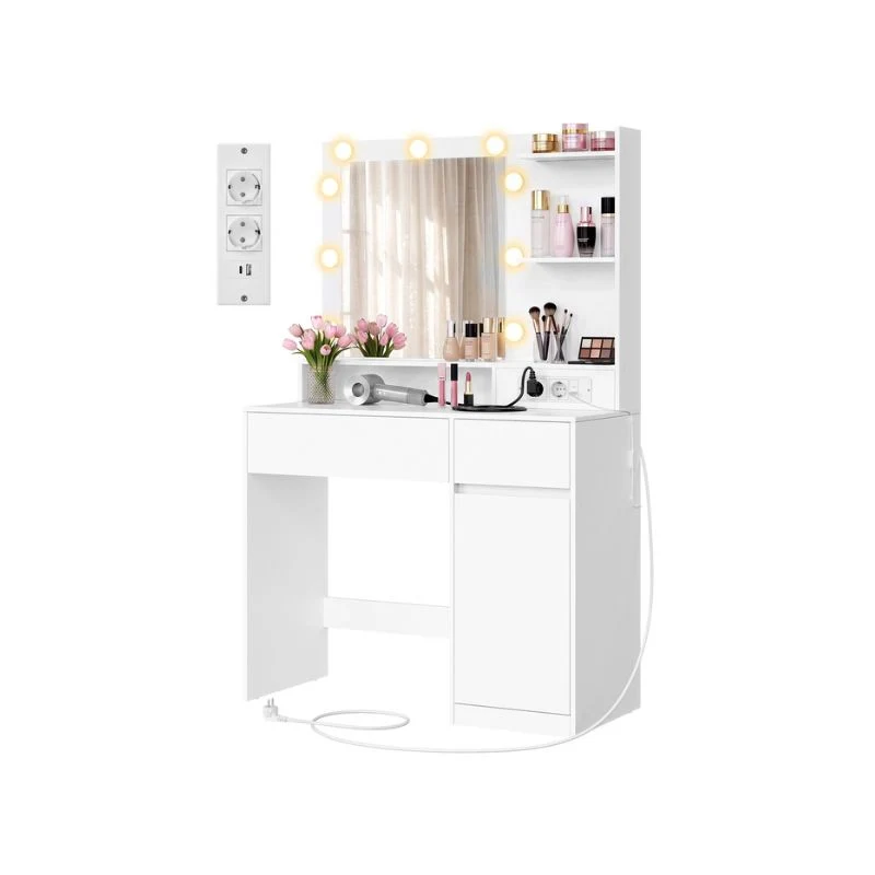 Coiffeuse avec miroir LED prises et rangements