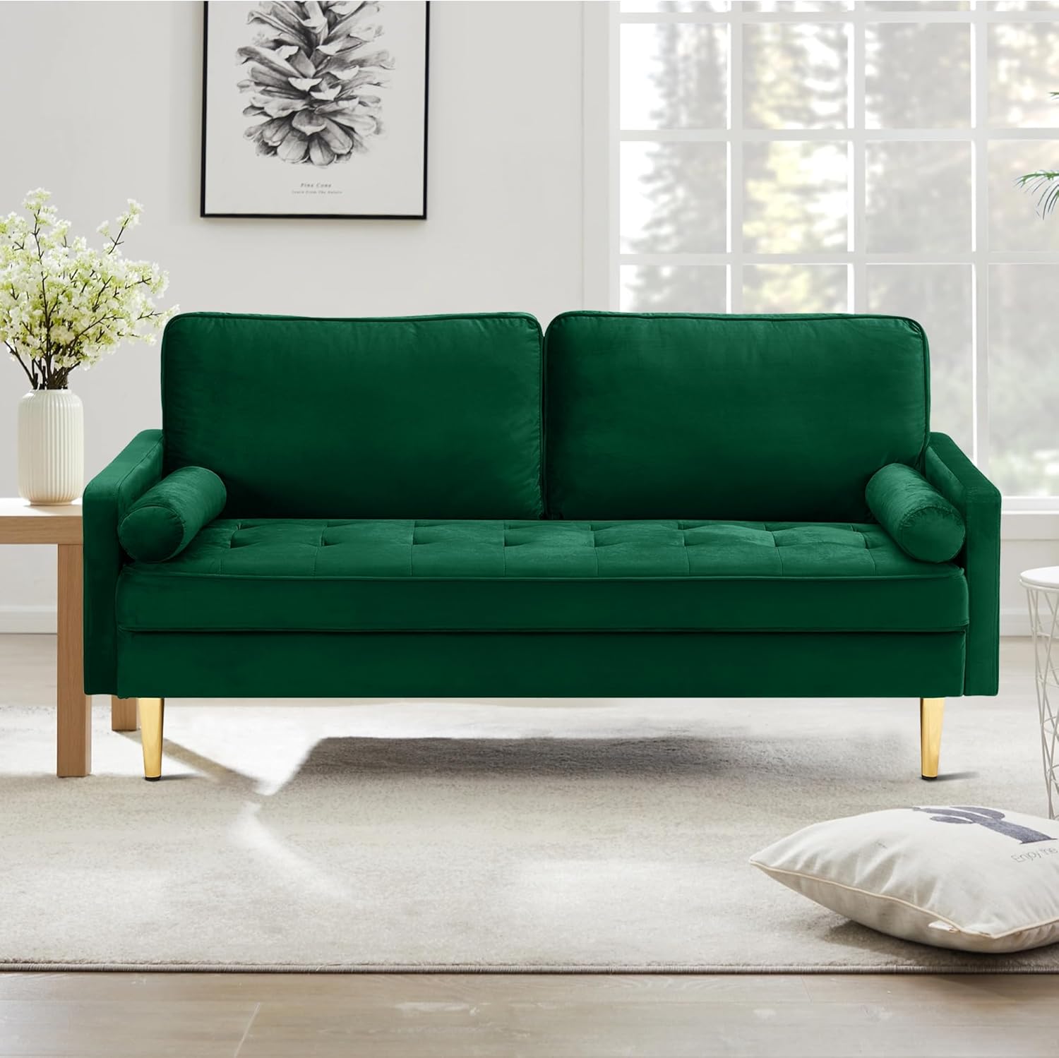 67 Modern Velvet Loveseat Sofa Couch, Mid-Century Tufted Upholstered Small Love Seat Couch with 2 Pillows & 4 Golden Legs, 2-Seats Couches for Compact Space, Living Room, Apartment (Emerald)