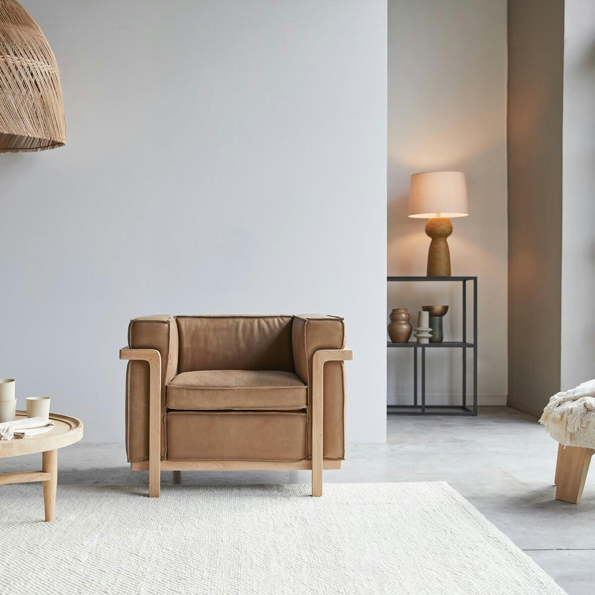 COBBELWOOD - Fauteuil en chêne massif et cuir Cheyenne