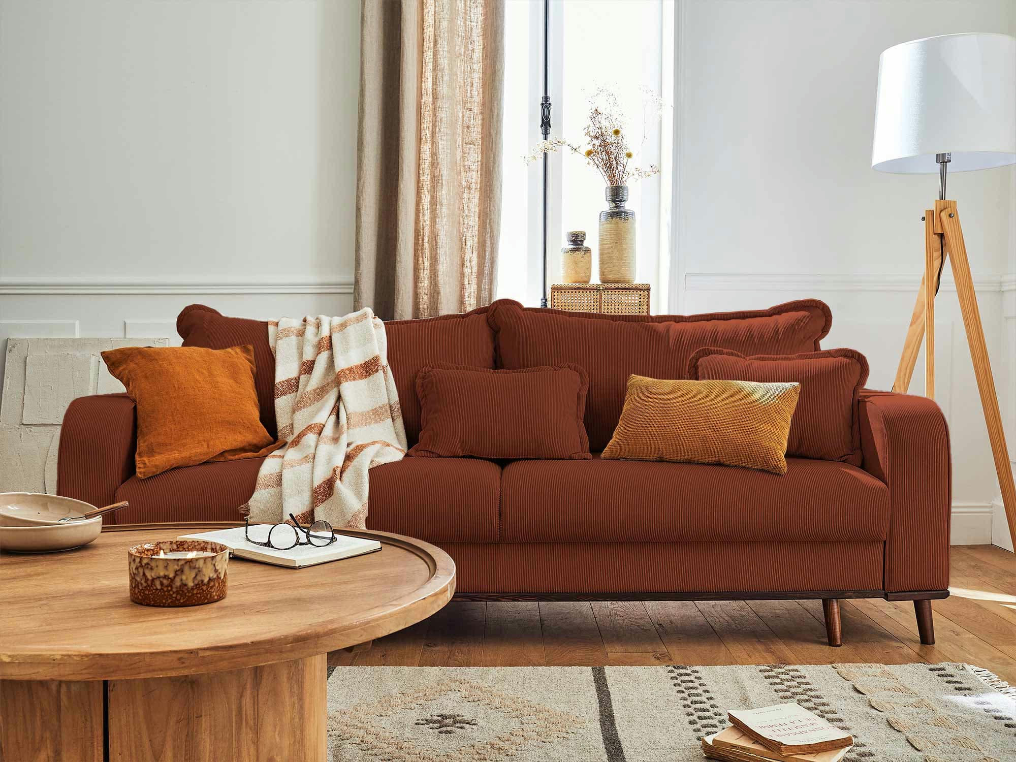 BILLIE - Canapé droit convertible 3 places en velours côtelé rouille