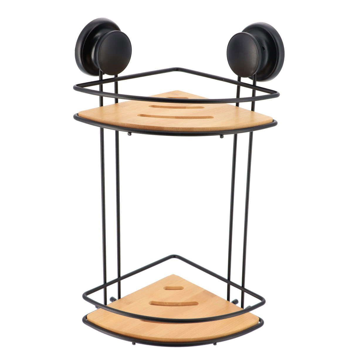 Suporte de canto preto com 2 níveis em metal e bambu