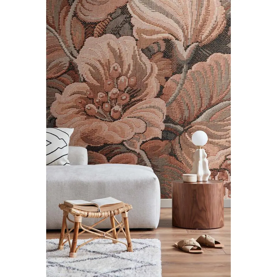 ESTAhome fotobehang geborduurd bloemmotief terracotta bruin - 250 x 279 cm