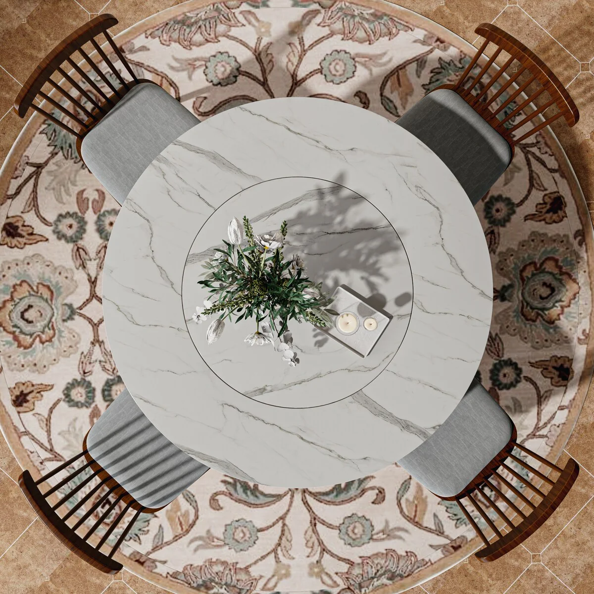 Nature Wood Walnut Stone Round Lazy Susan Dining Table