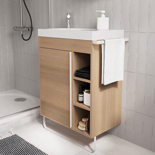 Ensemble meuble vasque faible profondeur effet bois avec porte-serviettes l.65 x H.82 x P.36 cm   plan vasque résine blanc   miroir, GoodHome Maza