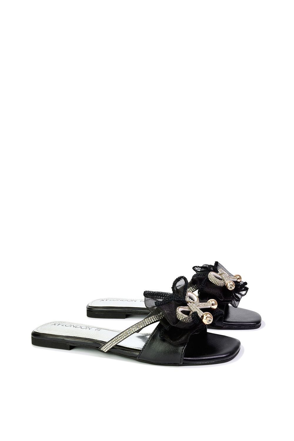 XY London Zendaya' Mesh Diamante Bow Flat Sandal Square Toe Bridal Shoes