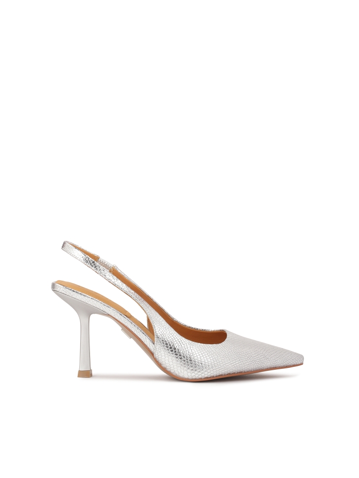 Silver embossed leather slingback pumps