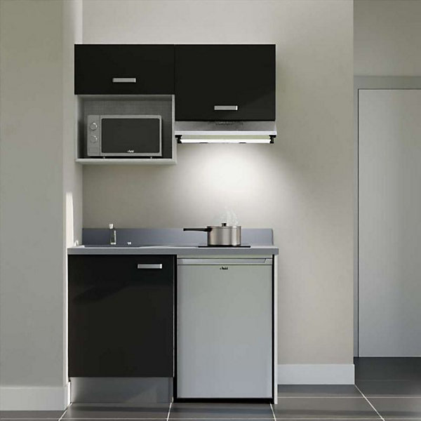 Kitchenette K02 - 120 cm - façades Noir - Plan monobloc en quartz coloris Cromo évier à gauche