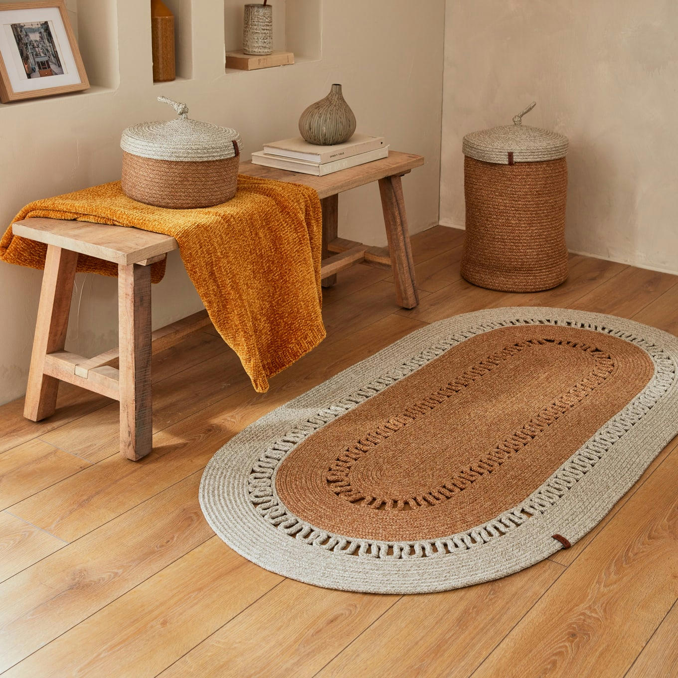 LIMA - Tapis bicolore aspect jute fait main motif découpé gris - 80x300